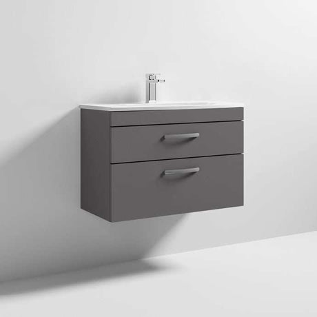 Nuie Athena 2-drawer wall hung vanity unit in gloss grey with white basin, modern minimalist bathroom storage.