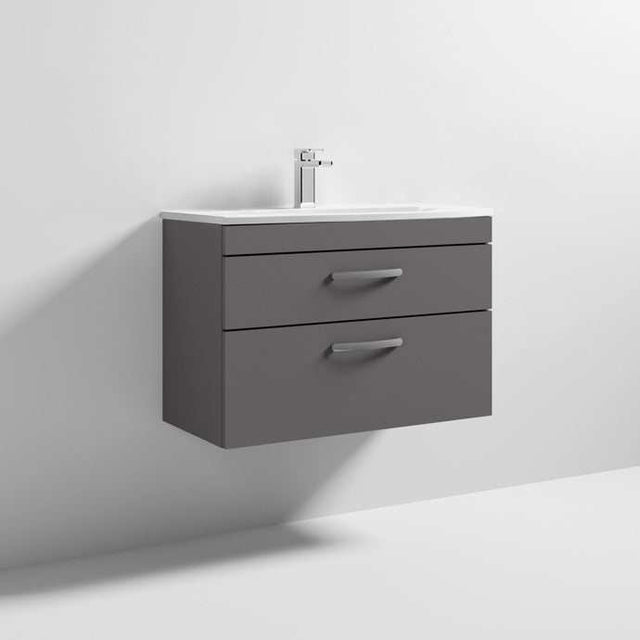 Nuie Athena 2-drawer wall hung vanity unit in gloss grey with white basin, modern minimalist bathroom storage.