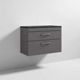 Nuie Athena 2-drawer wall hung vanity unit in gloss grey with sparkling black worktop, 800mm wide.