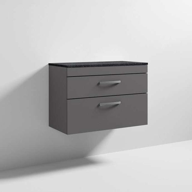 Nuie Athena 2-drawer wall hung vanity unit in gloss grey with sparkling black worktop, 800mm wide.