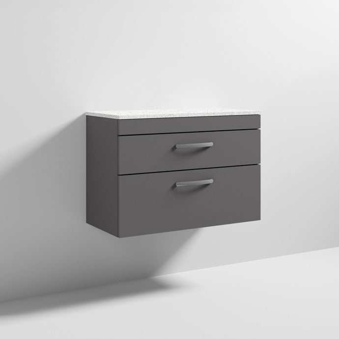 Nuie Athena 2-drawer wall hung vanity unit in gloss grey with sparkling white worktop, 800mm wide bathroom storage unit