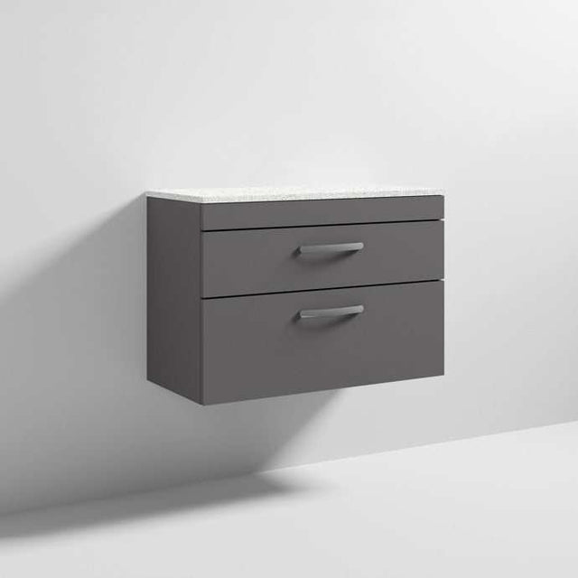 Nuie Athena 2-drawer wall hung vanity unit in gloss grey with sparkling white worktop, 800mm wide bathroom storage unit