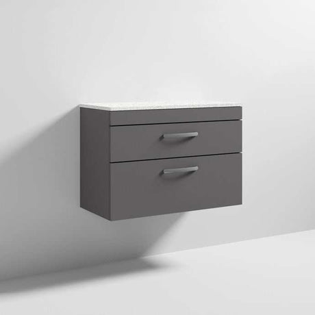Nuie Athena 2-drawer wall hung vanity unit with sparkling white worktop in brown grey Avola finish mounted on a white wall