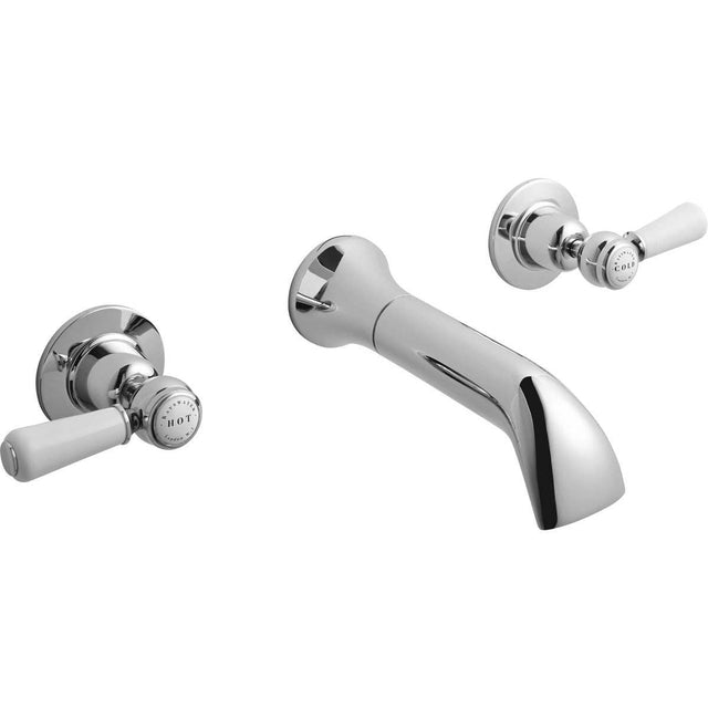 Bayswater Crosshead Hex black and chrome 3-hole wall mounted bath filler tap with smooth rounded spout and retro crosshead handles