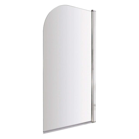 Bayswater Radius 1435mm x 790mm curved bath screen with 6mm clear safety glass and chrome hinge profile, reversible design for shower conversion.