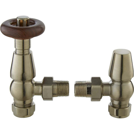 Bayswater Rounded Angled Thermostatic Radiator Valves and Lockshield Pair - Satin Nickel - BAYV109