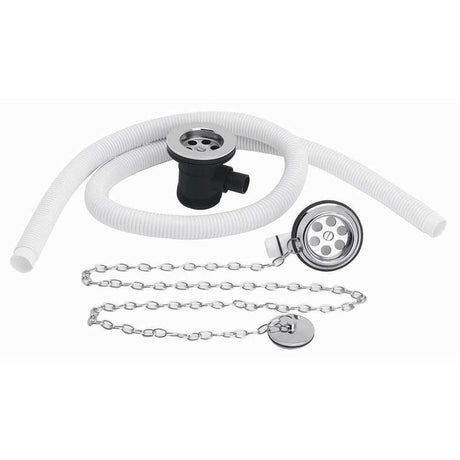 Bayswater Traditional Chrome Extended Bath Waste and Overflow kit with flexible pipe, slotted overflow cover, chain, and plug for rectangular baths