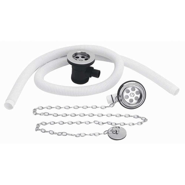 Bayswater Traditional Chrome Extended Bath Waste and Overflow kit with flexible pipe, slotted overflow cover, chain, and plug for rectangular baths