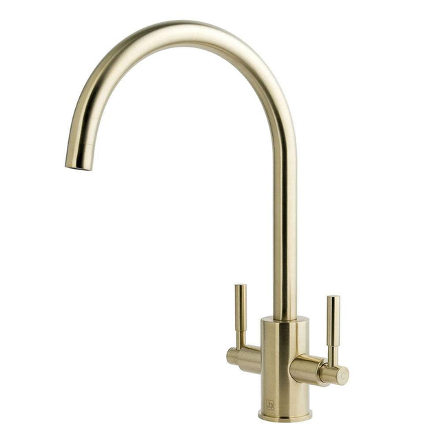 JTP Newbury Dual Lever brushed brass kitchen sink mixer with dual handles and high arch spout