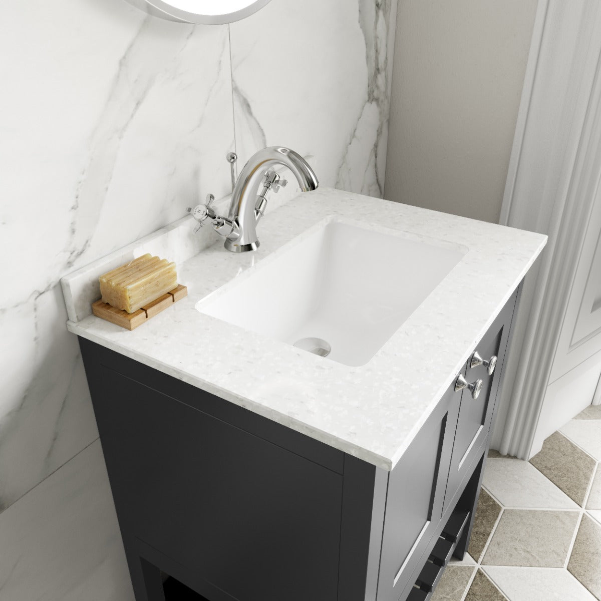 Launde Abbey Floor Standing Vanity with Marble Top 1TH 800mm - Cool Grey