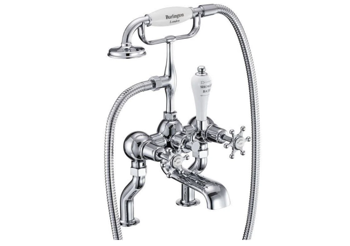Burlington Birkenhead traditional chrome pillar mounted bath shower mixer tap with handheld shower head and classic cross handles.