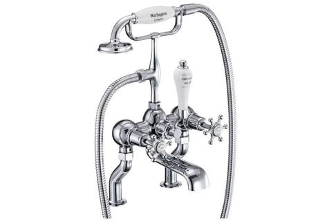 Burlington Birkenhead traditional chrome pillar mounted bath shower mixer tap with handheld shower head and classic cross handles.