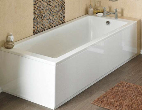 Glossy white Nuie Bath Front Panel and MDF plinth fitted on a rectangular bathtub in a modern bathroom setting