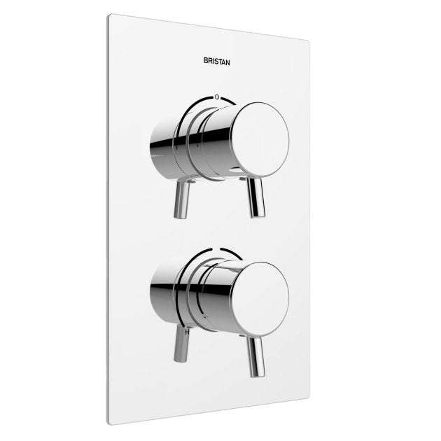 Bristan Prism Two Outlet chrome thermostatic recessed dual control shower valve with separate temperature and flow controls.