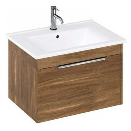 Britton Shoreditch Wall Hung caramel wood-effect vanity unit with single drawer and white basin