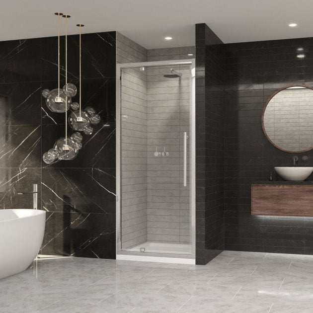 Modern bathroom with Coram 8mm Plain Glass chrome framed pivot shower door and stylish fixtures