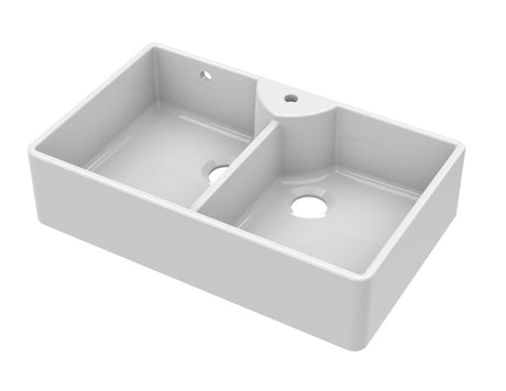 Launde Abbey Fireclay Butler Two Bowl Sink Stepped Weir and Overflow 895 x 550 x 220mm - White