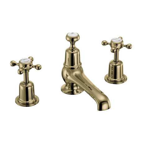 Burlington Claremont Quarter Turn 3 Taphole Basin Mixer with Pop-Up Waste Gold/White Indicies - CL12QTGOLD