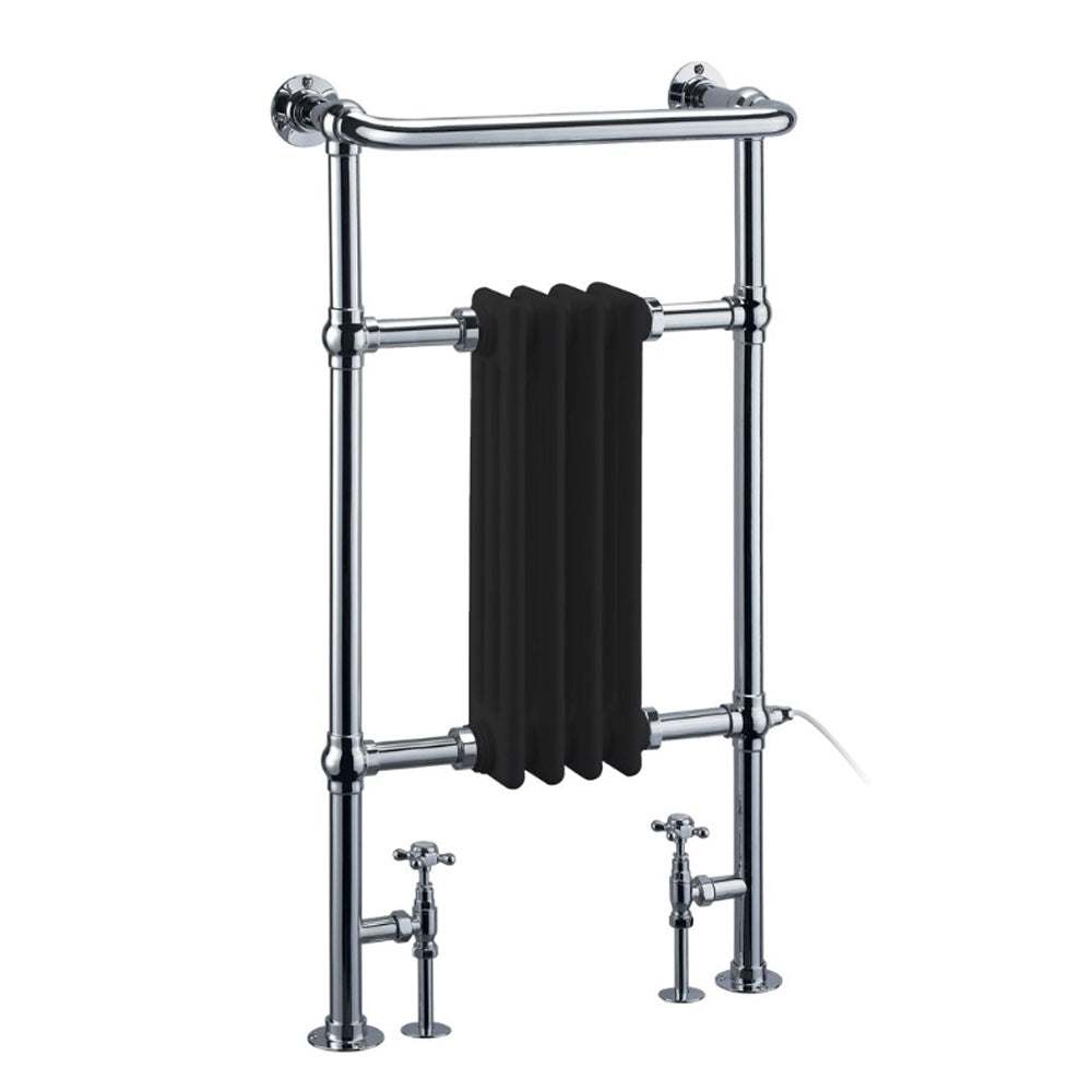 Burlington Bloomsbury 950mm high black radiator towel rail with chrome frame and dual heating valves