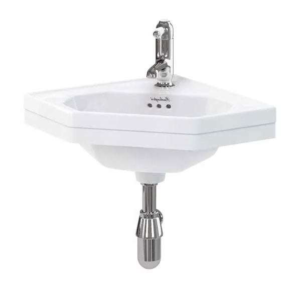Burlington Corner 600mm wide wall hung cloakroom basin with single tap hole and vitreous china finish.