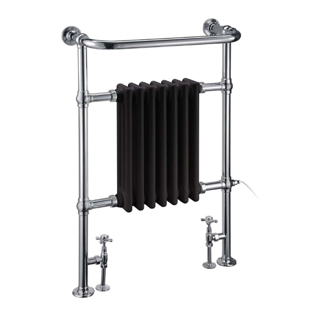 Burlington Trafalgar 950mm high x 640mm wide black radiator towel rail with chrome frame and heat output for bathroom warmth and towel drying.