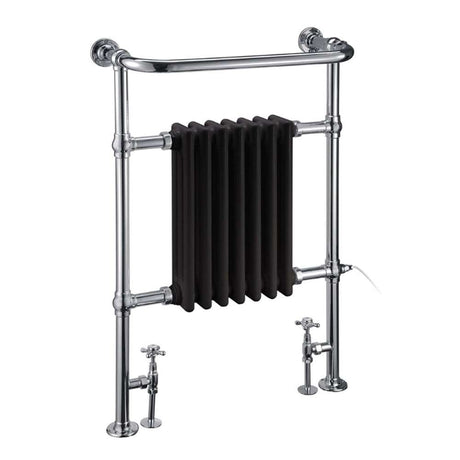 Burlington Trafalgar 950mm high x 640mm wide black radiator towel rail with chrome frame and heat output for bathroom warmth and towel drying.