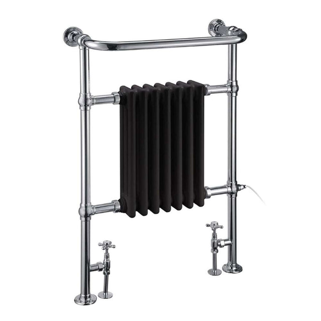 Burlington Trafalgar 950mm high x 640mm wide black radiator towel rail with chrome frame and heat output for bathroom warmth and towel drying.