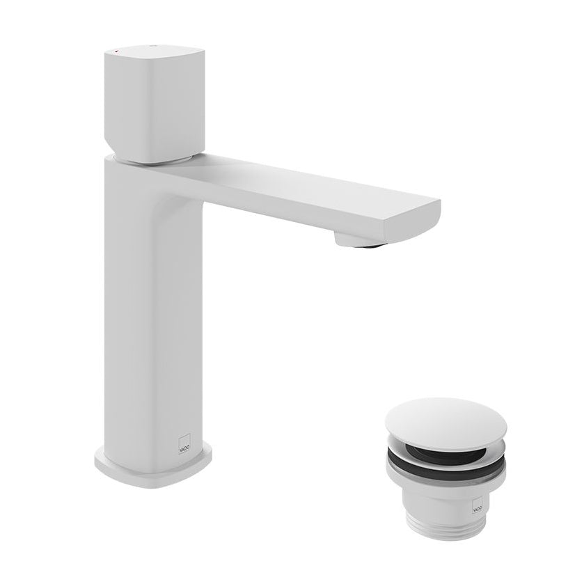 Vado Cameo Leverless Mono Basin Mixer For Low Pressure System And Universal Basin Waste - Matt White - CAM-100/CC-LP-MW