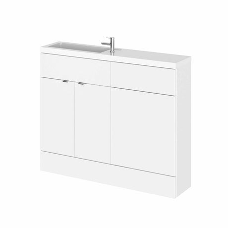 Hudson Reed Fusion compact modern bathroom combination unit with slimline rectangular basin in gloss white, 1100mm wide