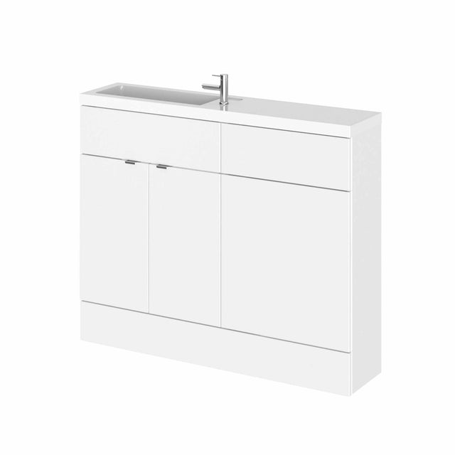 Hudson Reed Fusion compact modern bathroom combination unit with slimline rectangular basin in gloss white, 1100mm wide