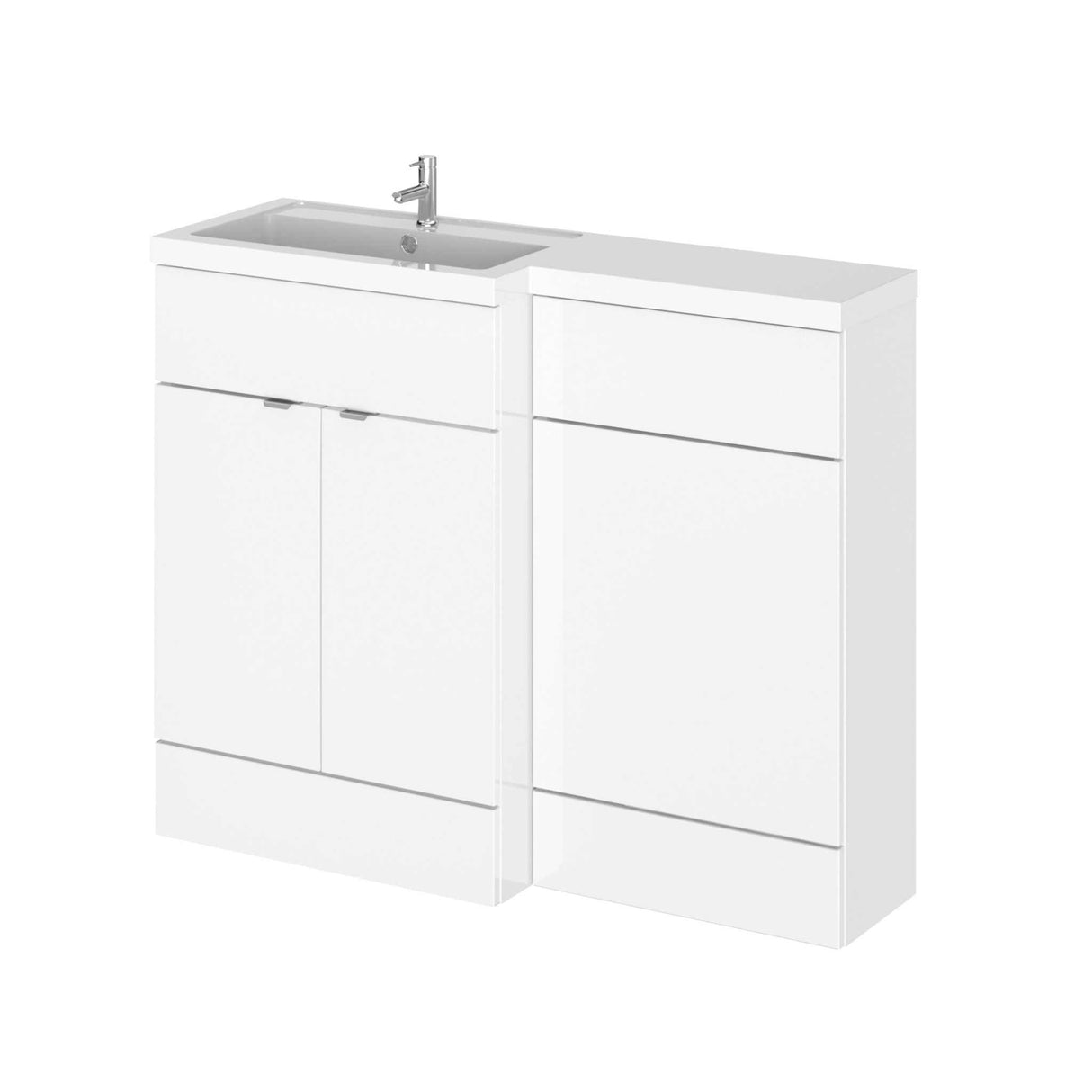 Hudson Reed Fusion modern left-hand gloss white combination bathroom unit with 1100mm wide L shaped basin and storage.