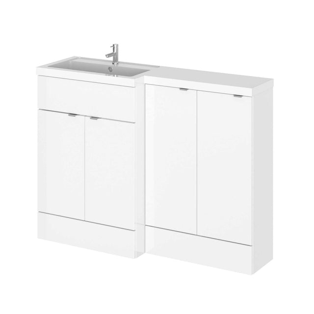 Hudson Reed Fusion 1200mm wide left-hand 4 door bathroom combination unit in gloss white with 300mm base unit and integrated sink
