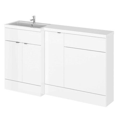 Hudson Reed Fusion 1500mm wide gloss white bathroom vanity unit with three doors and built-in 600mm rectangular WC unit.