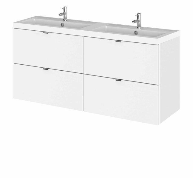 Hudson Reed Fusion 1200mm wide gloss white wall hung vanity unit with double rectangular basin and four drawers.