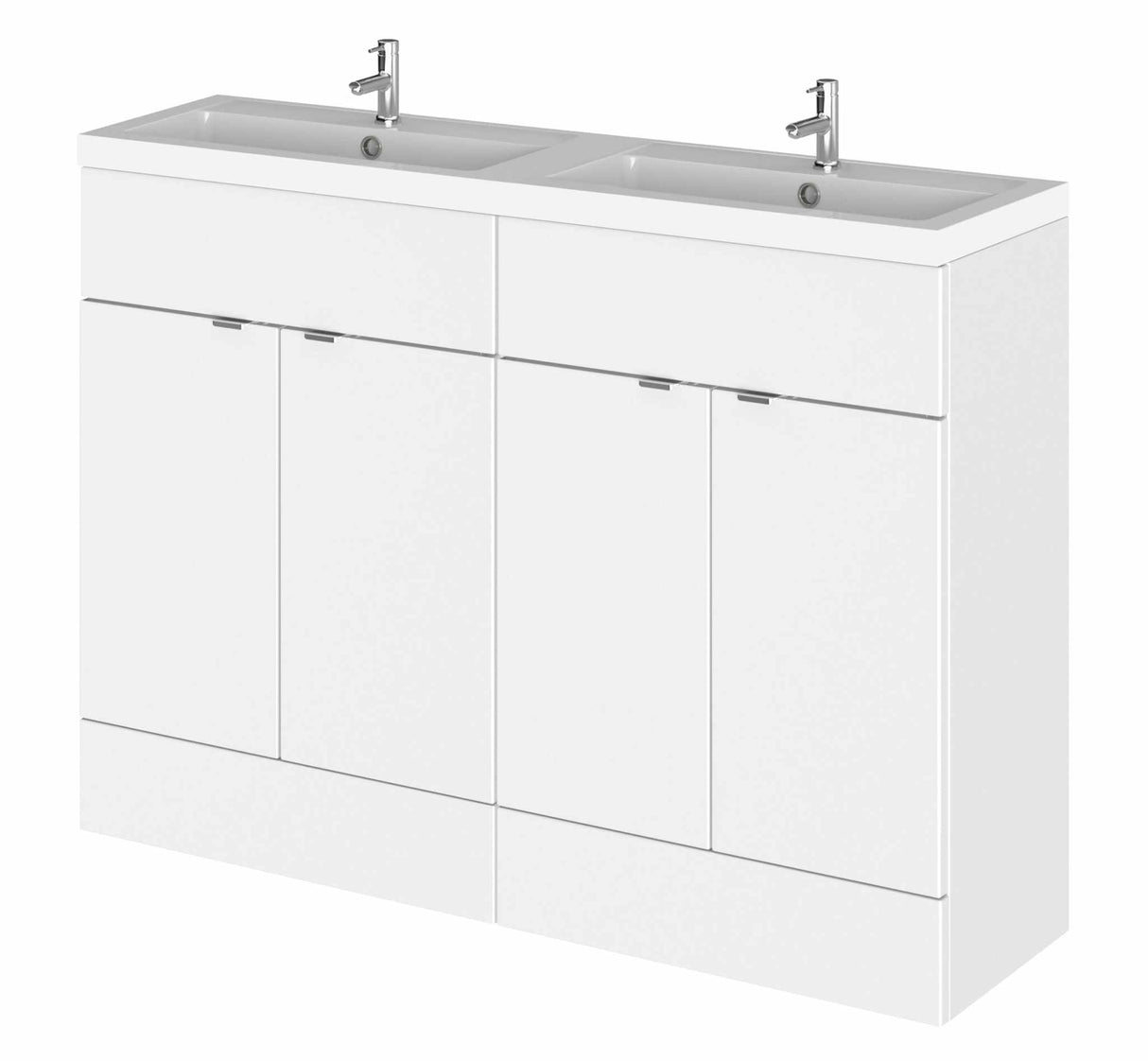 Hudson Reed Fusion floor standing 4-door vanity unit with 1200mm wide gloss white double rectangular basin and ample storage.