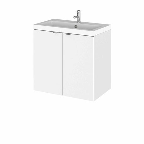 Hudson Reed Fusion gloss white wall hung 2-door vanity unit with 600mm wide rectangular basin and chrome faucet