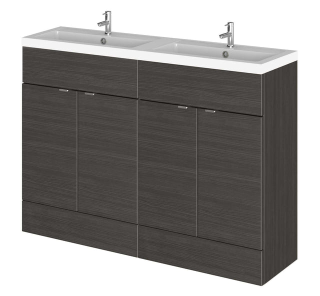 Hudson Reed Fusion modern floor standing 4-door vanity unit with double rectangular basin in hacienda black finish, 1200mm wide