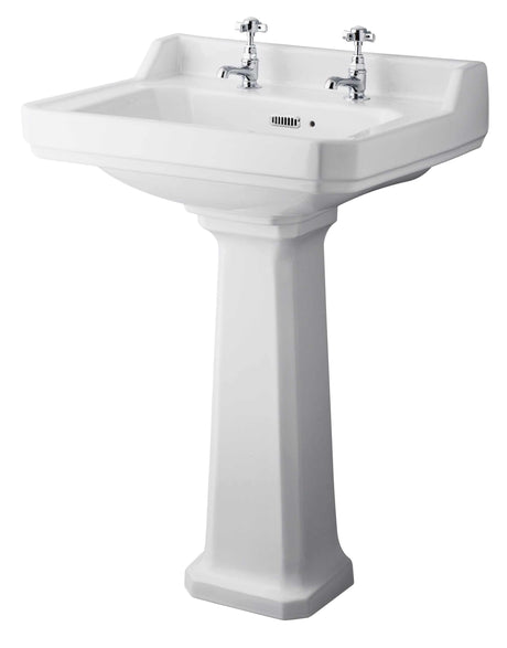 Hudson Reed Richmond white 600mm wide square basin with two tap holes and comfort height full pedestal