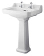 Hudson Reed Richmond white 600mm wide square basin with two tap holes and comfort height full pedestal