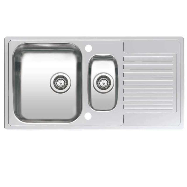 Reginox stainless steel Centurio 1.5 bowl reversible kitchen sink with large draining area and two basket strainer wastes