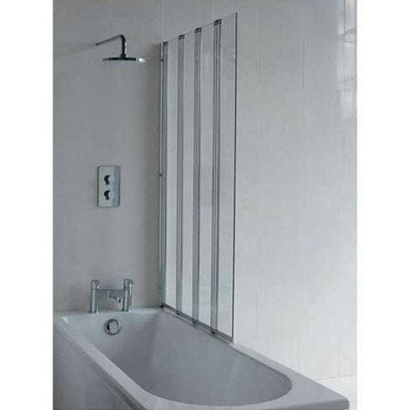 Cleargreen 6mm glass four folding bath screen with aluminium profile, 1450mm high and 880mm wide, clear safety glass with stain-resistant coating.