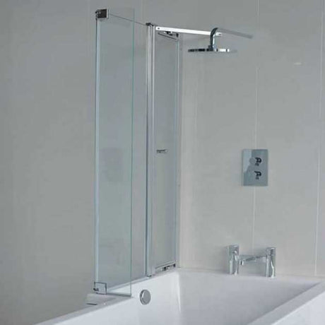 Cleargreen 6mm glass left handed hinged end panel bath screen with aluminium frame, clear safety glass, and square edges for modern bathrooms