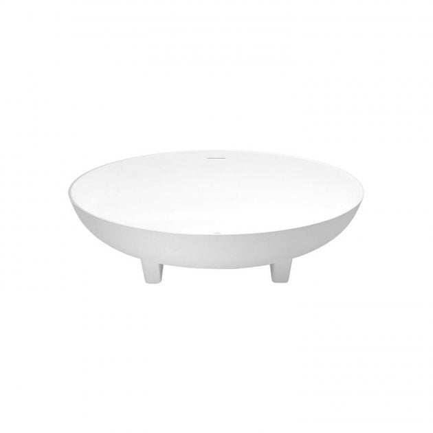 Clearwater Natural Stone white oval freestanding bath with hand-polished finish and integrated overflow.