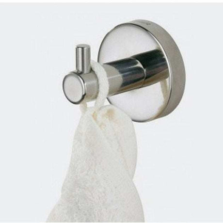 Coram Boston contemporary chrome robe hook with circular design and towel hanging on white background