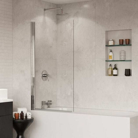 Coram 5mm glass frameless square hinged bath screen in clear, installed on a white bathtub with modern bathroom setting