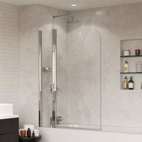 Coram 5mm glass frameless clear round top bath screen with aluminium frame in modern bathroom