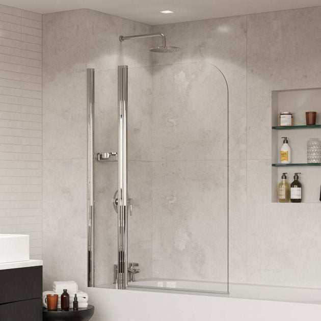 Coram 5mm Glass frameless clear round top bath screen with chrome frame in modern bathroom
