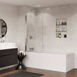 Coram 5mm glass frameless round top hinged bath screen with chrome finish installed on bathtub in modern bathroom