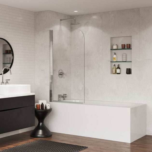 Coram 5mm glass frameless round top hinged bath screen with chrome finish installed on bathtub in modern bathroom