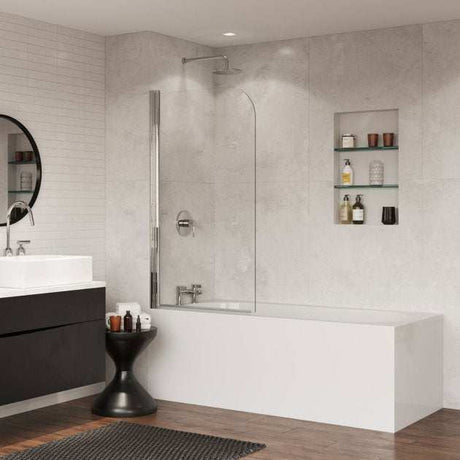 Coram 5mm glass frameless round top hinged bath screen with chrome finish installed on bathtub in modern bathroom
